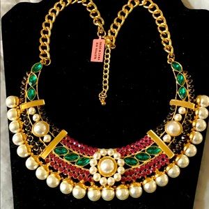 Pearl choker statement bib necklace w/crystals nwt